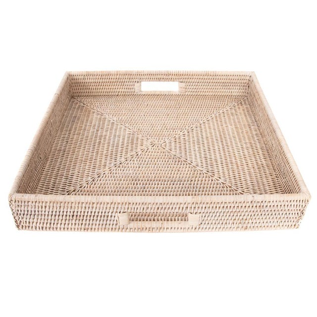 Artifacts Rattan Square Serving Tray with Cutout Handles in White Wash - 18" For Sale - Image 4 of 8