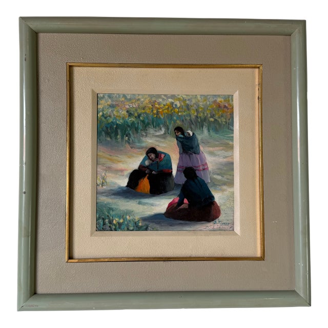 Vintage Impressionist Figural Landscape Oil on Masonite Board - Framed For Sale