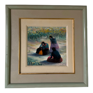 Vintage Impressionist Figural Landscape Oil on Masonite Board - Framed