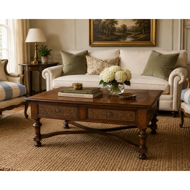 Theodore Alexander “Armoury Collection” Carved Coffee Table – Burled Top + Brass-Accent Drawers For Sale - Image 17 of 17