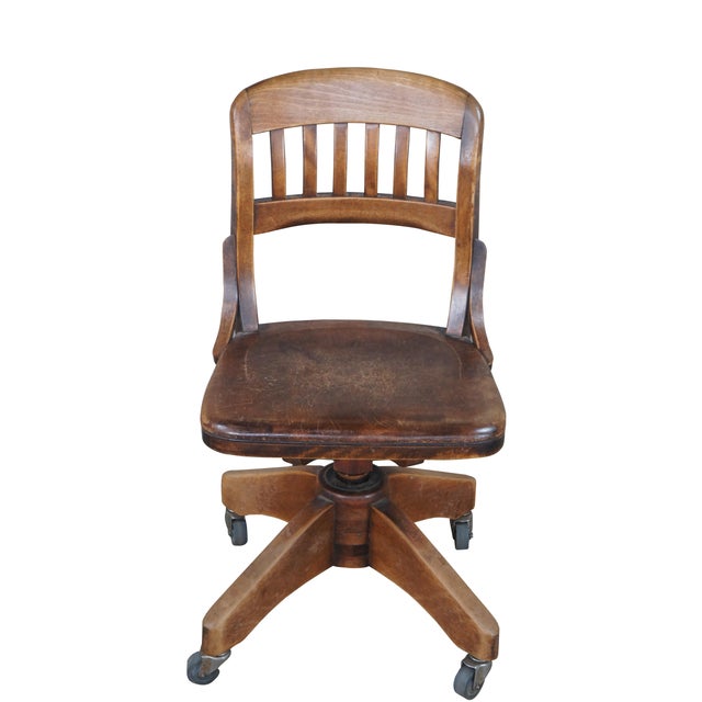Victorian Early 20th Century Antique Victorian Walnut Industrial Bankers Office Schoolhouse Swivel Desk Chair For Sale - Image 3 of 11