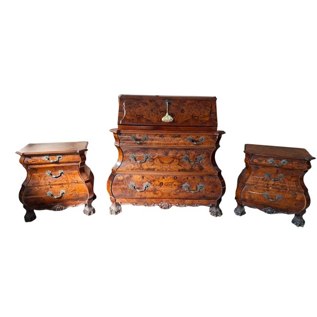 Baroque Vintage Dutch Baroque Triptych Drop-Leaf Cabinet and Inlaid Nightstands, 1920s, Set of 3 For Sale - Image 3 of 18