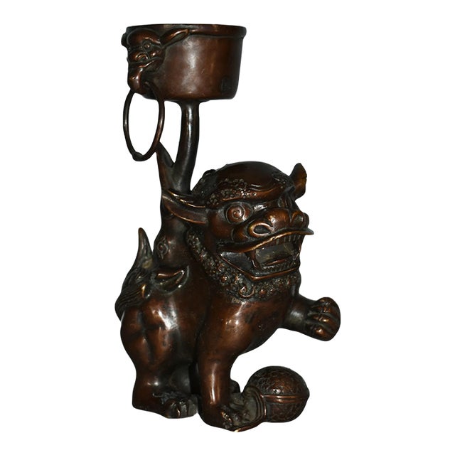 Vintage Chinese Bronze Foo Dog Candle Holder For Sale