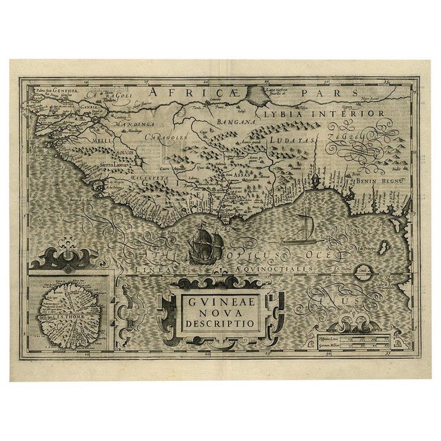 Antique map titled 'Guineae Nova Descriptio.' This very decorative map shows the West African coast from Senegal (the 'Rio...