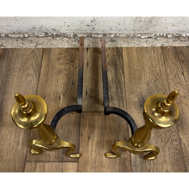 Vintage Brass and Iron Andirons Fire Dogs With Claw Feet For Sale In Kansas City - Image 6 of 7