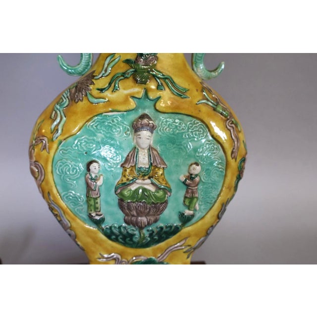 Vintage Chinese Famille Jaune Porcelain Guanyin Table Lamp With Dragon Handles, C. 1900 For Sale - Image 11 of 16