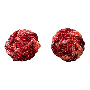Vintage Japanese Red Glass Beaded Cluster Earrings, a Pair