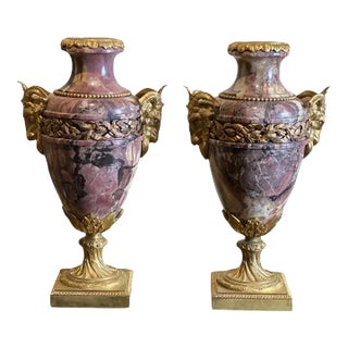 Pair of Mid 19th Century French Breche Violette Marble Urns With Gilt Rams Heads and Swags For Sale