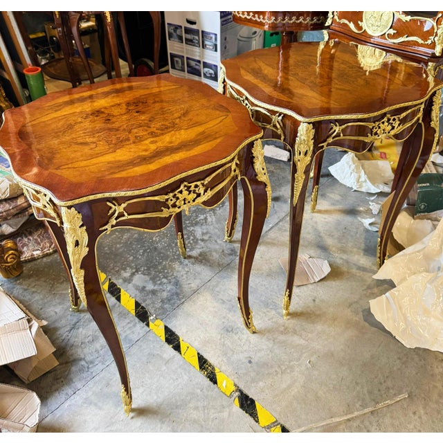 French French Louis XVI Style Small Side Table Set of 2 With Ornate Gold Accents & Elegant Carved Details For Sale - Image 3 of 3