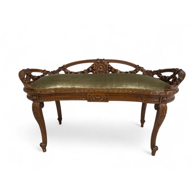Early 20th Century Antique French Louis XVI Style Carved Walnut Window Bench For Sale - Image 5 of 5