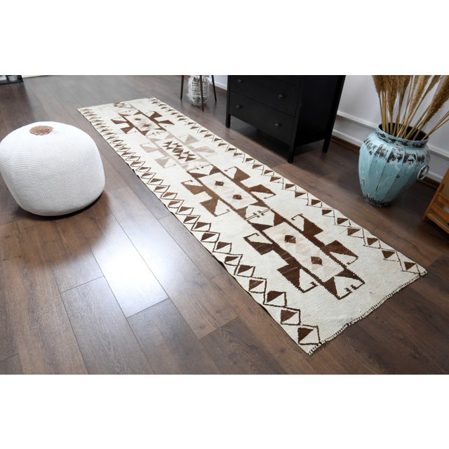 Turkish 1970s Vintage Handmade Wool Cotton Beige Brown Runner Rug For Sale - Image 3 of 11
