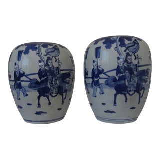 Early 20th Century Antique Blue + White Jars- a Pair For Sale