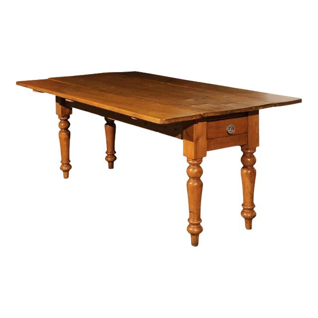 English 1875s Pine Drop Leaf Table with Two Lateral Drawers and Turned Legs For Sale