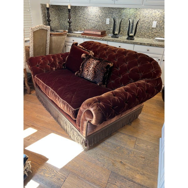 Mid-Century Modern Love Seat, Beautiful Custom Made , Plush, Tufted, Rich Brown Velvet Fabric For Sale - Image 3 of 3