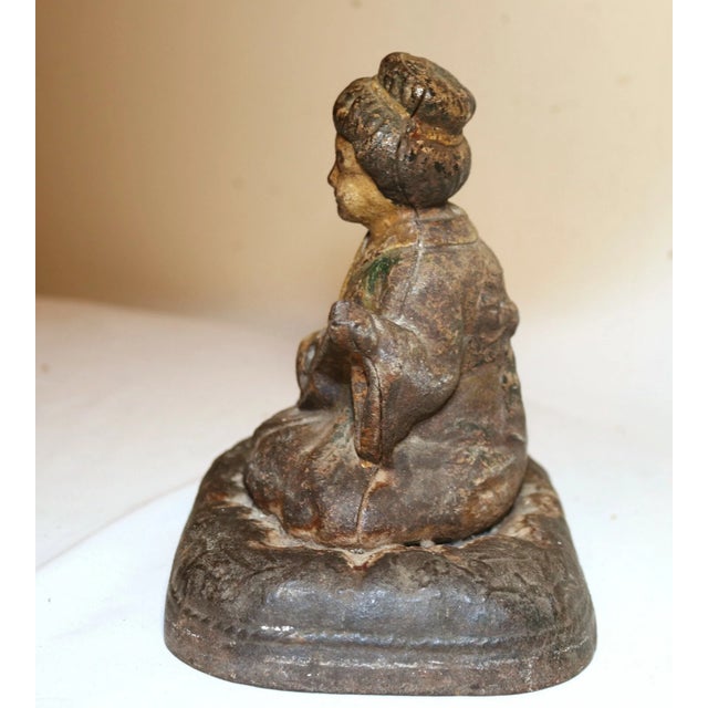 Rare Antique Hubley Cast Iron Japanese Girl Instrument Heavy Figural Doorstop For Sale - Image 10 of 12