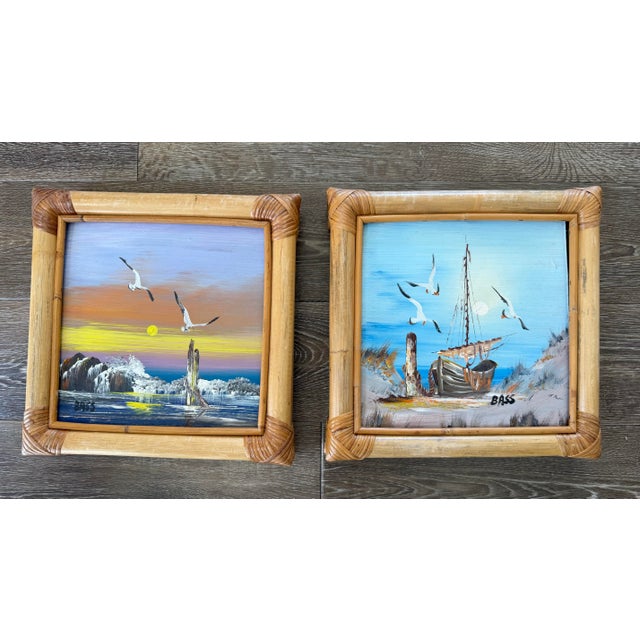Oil Coastal Paintings in Thick Bamboo Frames. Pair For Sale - Image 12 of 12
