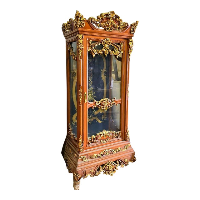 Grand French Louis XV Display Cabinet With Hand-Carved Gold Leaf Details & Upholstered Interior For Sale