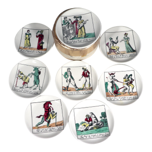 Piero Fornasetti Complete Set of Eight Ceramic Coasters, Il Mondo Alla Rovecia Pattern, (“The Topsy-Turvy World”)