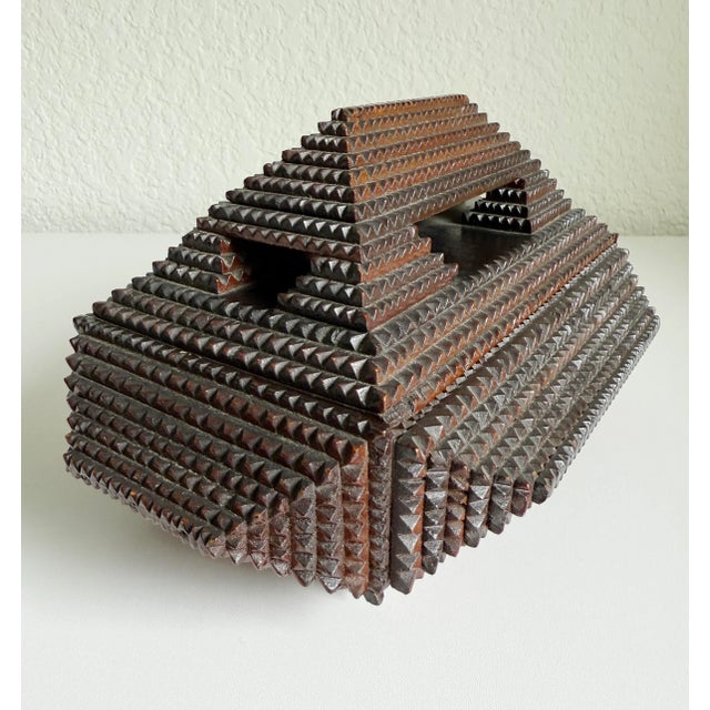 Wood Antique Tramp Art Pyramid Footed Box, Early 20th Century For Sale - Image 7 of 12