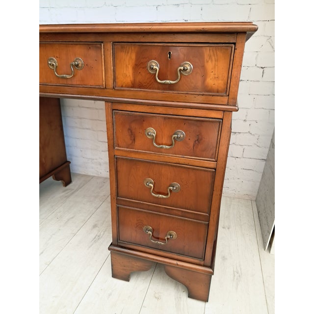 Antique Twin Pedestal Desk in Dark Yew Wood and Leather Top, 1980 For Sale - Image 16 of 18
