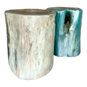 Vintage Boho Color Washed Wood Low Stools - Set of Two