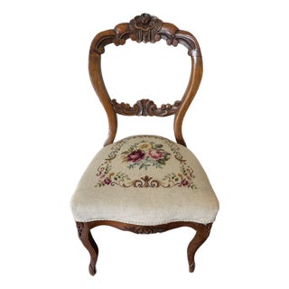 Antique Victorian Rococo Revival Carved Walnut Balloon-Back Needlepoint Chair For Sale