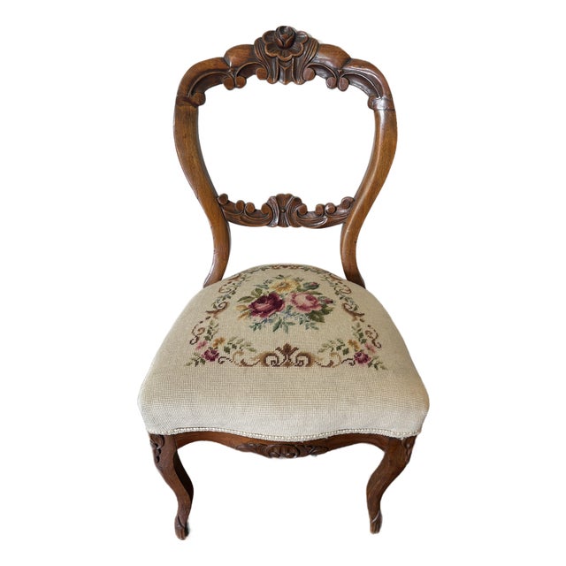 Antique Victorian Rococo Revival Carved Walnut Balloon-Back Needlepoint Chair For Sale
