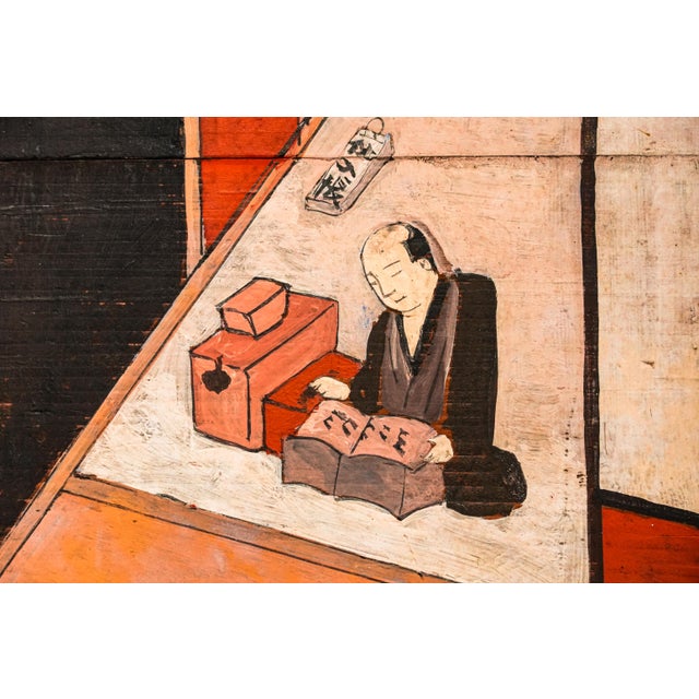 Wood Incredible Antique Japanese Hand Painted Tsuitate Wood Table Screen Traditional Sake Brewery Scene Japan Asian Home Decor For Sale - Image 7 of 16