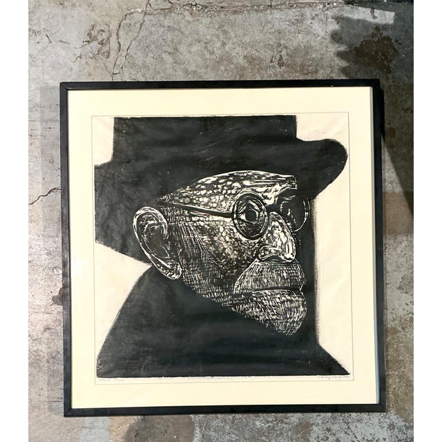 Vintage Black and White Framed Woodcut of Sigmund Freud For Sale - Image 4 of 12