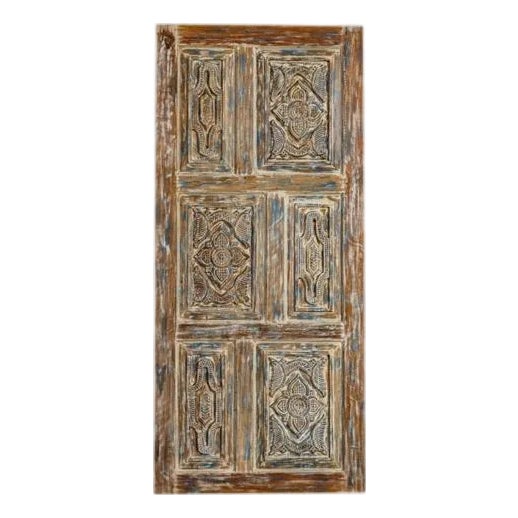 Rustic Blue Vintage Lotus Carved Double Doors – Farmhouse Barn Door Entrance 80x36 For Sale