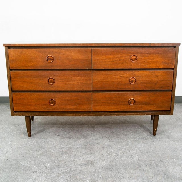 Check out this American designed walnut Mid century modern 6 drawer dresser. Each drawer offers a solid wood rounded...