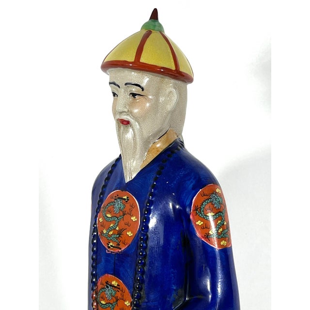 Large Vintage Chinese Republic Period Crackle Glazed Figure of a Qing Scholar of Calligraphy on Wood Stand For Sale - Image 10 of 13