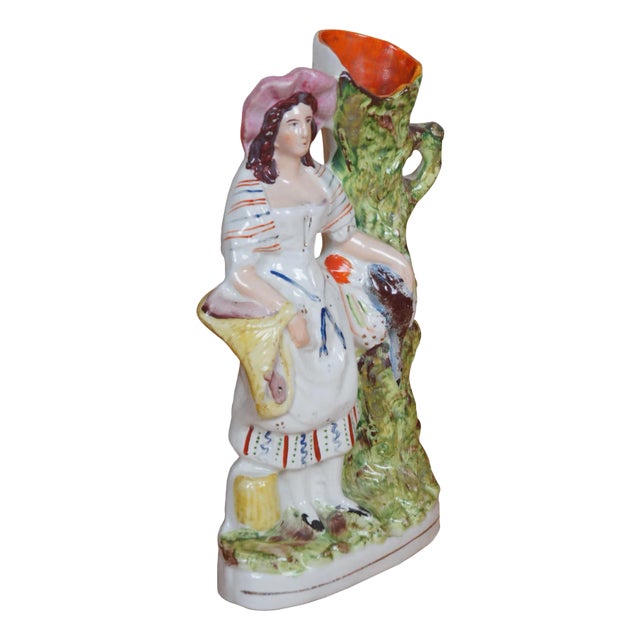 Antique Staffordshire Porcelain Girl Game Pheasant Rabbit Spill Vase For Sale