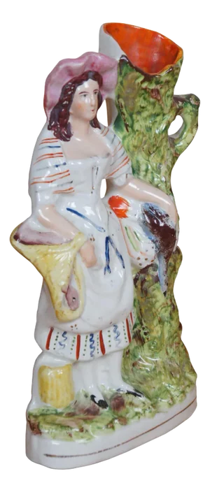 Antique Staffordshire Porcelain Girl Game Pheasant Rabbit Spill Vase