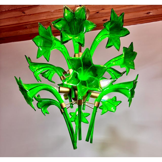 Vintage Italian Green Murano Style Hand Painted Lily Flower Chandelier Flush Mount For Sale - Image 6 of 13
