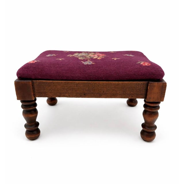 French Provincial Vintage French Provincial Needlepoint Footstool in Burgundy Wool With Floral Motif For Sale - Image 3 of 7