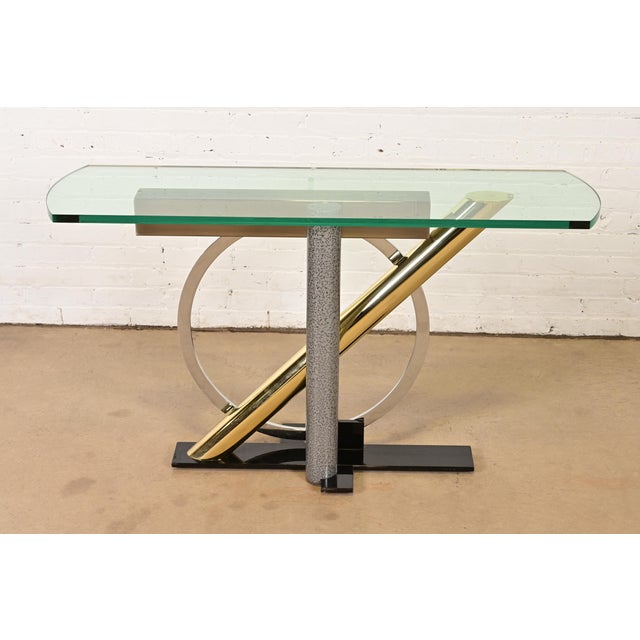 Kaizo Oto for Design Institute of America Postmodern Sculptural Steel and Brass Glass Top Console Table, 1980s For Sale - Image 10 of 10