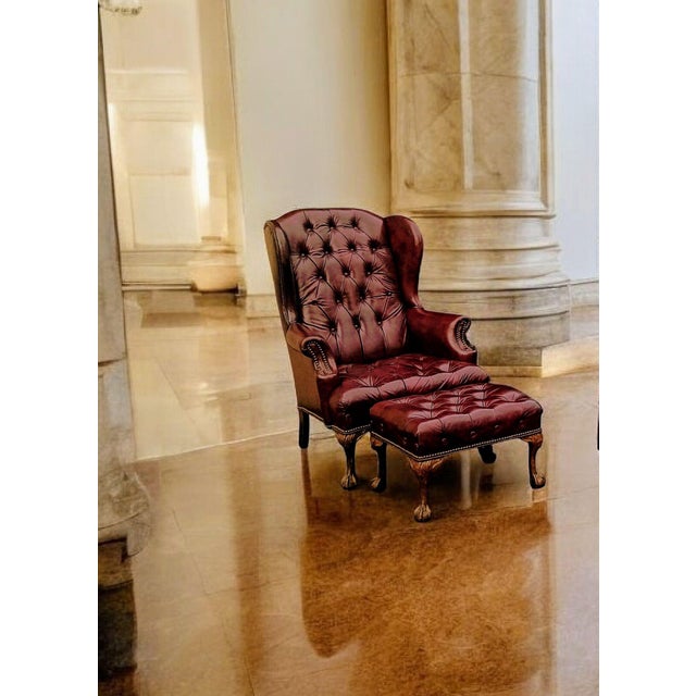 Ethan Allen 1990s Chesterfield Leather Wingback Chair With a Matching Ottoman by Ethan Allen For Sale - Image 4 of 12