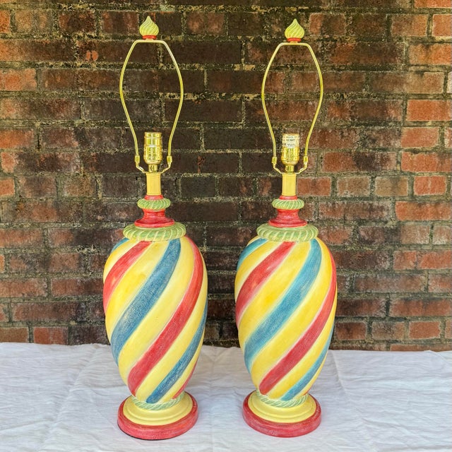 Hollywood Regency 2005 Whimsical Ceramic Swirl Table Lamps, Styled After MacKenzie-Childs - A Pair For Sale - Image 3 of 16