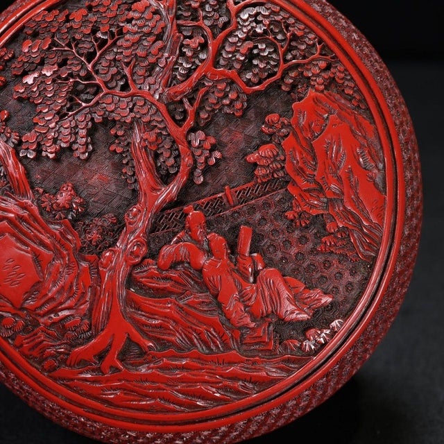 Wood Late 20th Century Carved Cinnabar Lacquer Box With Landscape and Scholar Scene For Sale - Image 7 of 9