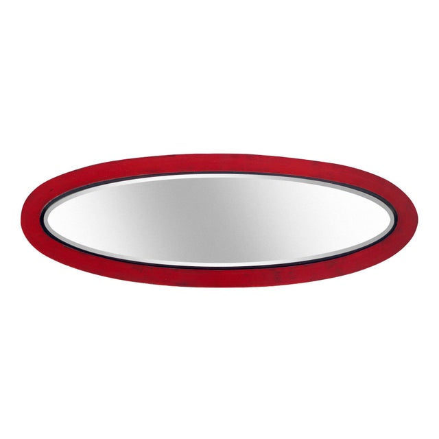 Stunning antique mahogany oval beveled mirror in ruby red & natural mahogany. Original beveled glass is in pristine...
