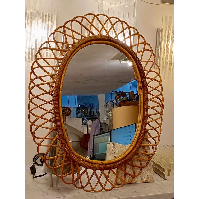 Brown Oval Rattan and Bamboo Wall Mirror by Franco Albini, 1960s For Sale - Image 8 of 10