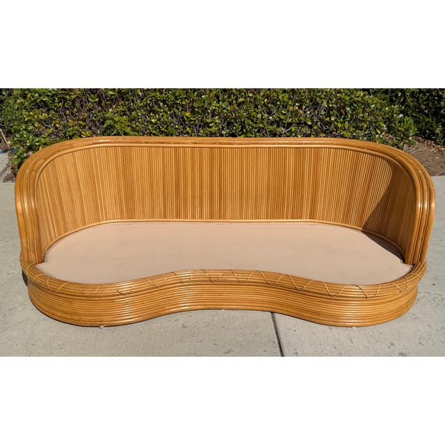 1980s Vintage Curved Pencil Reed Rattan Sofa, With New Sunbrella Upholstery For Sale - Image 9 of 14
