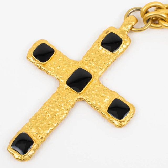 Gold Jean Louis Scherrer Paris Gilded Metal and Black Enamel Cross Pendant Necklace For Sale - Image 8 of 11