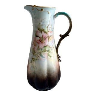 Antique Gda Limoges France Hand Painted Ewer Pitcher, Signed For Sale