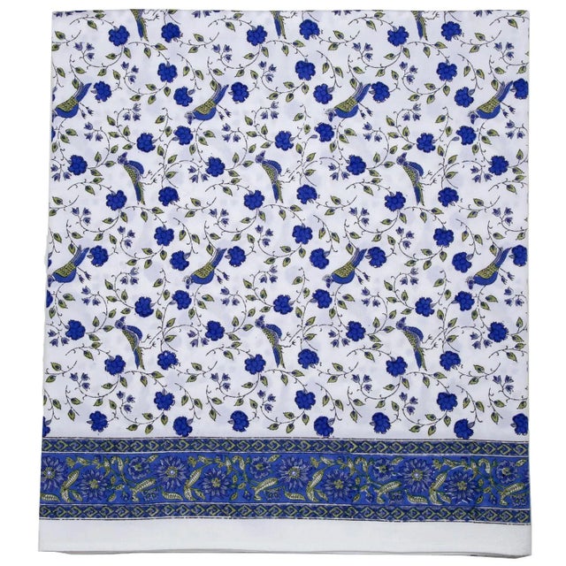 Contemporary Birds on Vine Fitted Sheet, Queen - Blue For Sale - Image 3 of 3