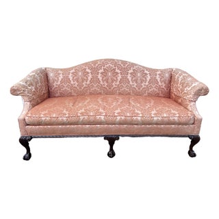 Vintage Mid 20th Century Hickory Chair Chippendale Settee With Peach Silk Damask Upholstery For Sale
