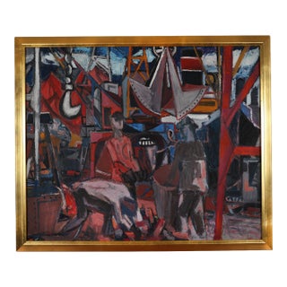 Mid Century Modernist Mechanical Painting on Canvas of the Port of Caen, France For Sale