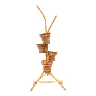 Vintage Bamboo Cane Wicker Plant Stand, 1960s For Sale