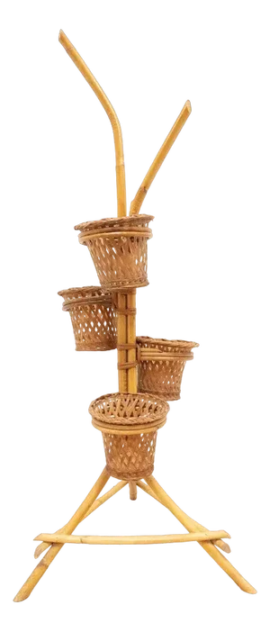 Vintage Bamboo Cane Wicker Plant Stand, 1960s